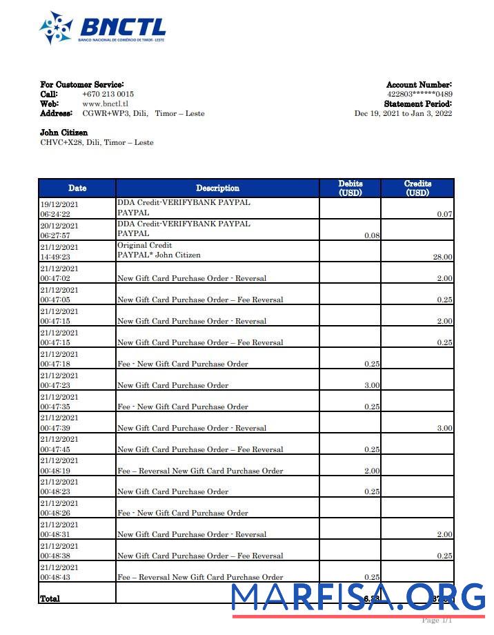 Realistic Timor Leste BNCTL bank statement excel sample